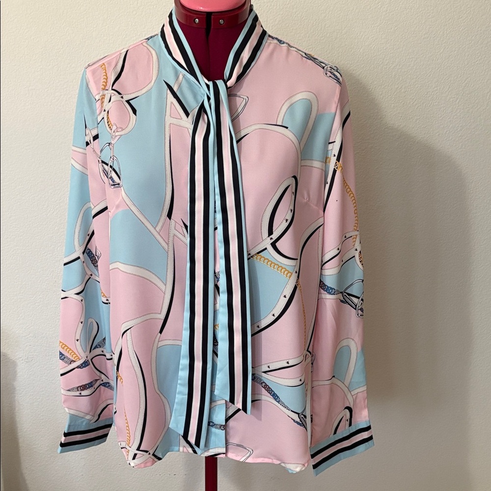 NWT Han Queen Stylish buttoned down Blouse with  long sleeves & bow tie sash